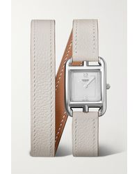 Hermès Cape Cod Double Tour 31 Mm Kleine Uhr Aus Edelstahl Mit Diamanten Und Lederarmband - Weiß