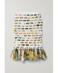 Oscar de la Renta Crochet-knit Cotton And Fringed Printed Chiffon Skirt - White