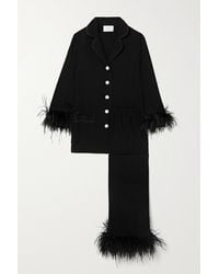 Sleeper + Net Sustain Feather-trimmed Crepe De Chine Pyjama Set - Black