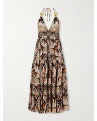 FARM Rio - Embellished Printed Shirred Tiered Georgette Halterneck Midi Dress - Lyst