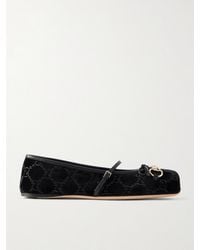 Gucci - Horsebit Ballerina Leather-Trimmed Crystal-Embellished Velvet Flats - Lyst