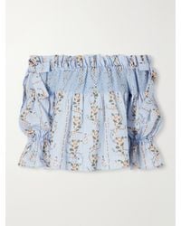 Agua Bendita - Isla Navegante Printed Smocked Linen Blouse - Lyst