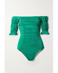 Evarae + Net Sustain Lora Off-the-shoulder Ruched Stretch-econyl Swimsuit - Green