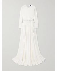 Ralph Lauren - Belted Leather-Trimmed Pleated Crepe-Jersey Maxi Dress - Lyst