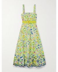 Saloni - Aubrey B Belted Floral-Print Broderie Anglaise Cotton Midi Dress - Lyst