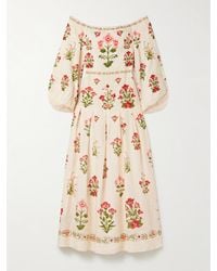 Agua Bendita - Senlis Schulterfreies Maxikleid Aus Leinen Mit Blumenprint Und Falten - Lyst