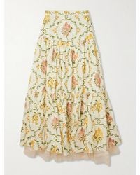 Agua Bendita - Anis Cordillera Tiered Lace-Trimmed Floral-Print Linen Maxi Skirt - Lyst
