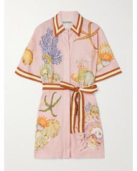 ALÉMAIS - Sam Pauletto Nereids Belted Printed Linen-Gauze Mini Shirt Dress - Lyst