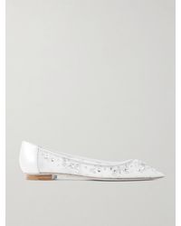 Rene Caovilla - Leather-Trimmed Crystal-Embellished Tulle Point-Toe Flats - Lyst