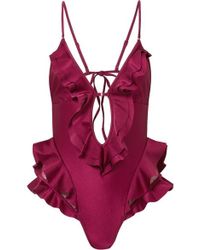 Zimmermann Amari Swiss-dot Tulle-paneled Ruffled Swimsuit - Red