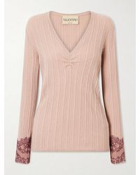 Valentino Garavani - Lace-Trimmed Ribbed Cashmere Sweater - Lyst