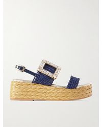 Roger Vivier - 60 Crystal-Embellished Patent-Leather Trimmed Raffia Platform Espadrille Sandals - Lyst