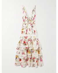CAMILLA - Embellished Ruffled Lace-Trimmed Floral-Print Cotton And Silk-Blend Midi Dress - Lyst