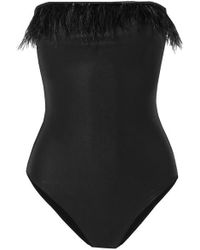 Oséree Feather-trimmed Strapless Swimsuit - Black