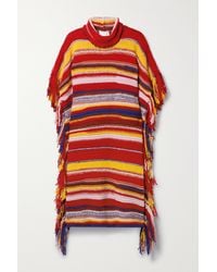Chloé Fringed Striped Cashmere-blend Turtleneck Poncho - Red