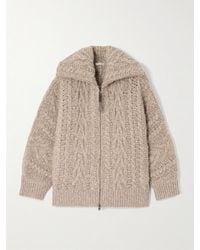 Brunello Cucinelli - Bead-Embellished Leather-Trimmed Cable-Knit Wool And Cashmere-Blend Cardigan - Lyst