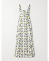 Emporio Sirenuse - Robe Midi Dos Ouvert En Lin Et Coton Mélangés À Imprimé Fleuri Azzurra Celestine - Lyst