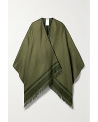 Fendi Fringed Silk And Cashmere-blend Jacquard Poncho - Green