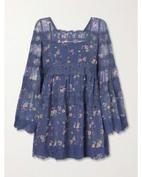 Anna Sui - Pleated Floral-Print Lace-Trimmed Chiffon Mini Dress - Lyst