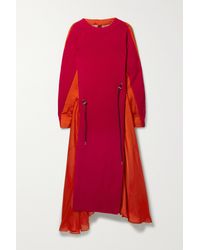Sacai Asymmetric Panelled Wool, Satin And Chiffon Dress - Orange