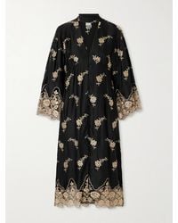Loretta Caponi - Sinalunga Floral-Embroidered Lace-Trimmed Satin Midi Dress - Lyst