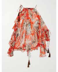 Etro - Off-The-Shoulder Asymmetric Tasseled Ruffled Printed Silk-Chiffon Blouse - Lyst