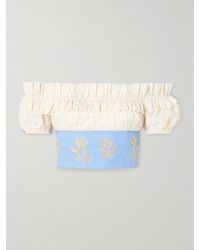 Agua Bendita - Pimienta Madera Cropped Off-The-Shoulder Ruffled Embroidered Linen Top - Lyst