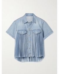 Sacai - Denim-Paneled Pleated Printed Crepe De Chine Shirt - Lyst