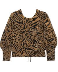 Ganni Open-back Tiger-print Georgette Blouse - Brown