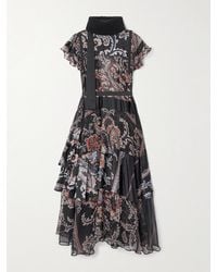 Sacai - Robe Midi En Voile À Imprimé Cachemire, Finitions En Laine Mélangée Côtelée Et Ceinture - Lyst