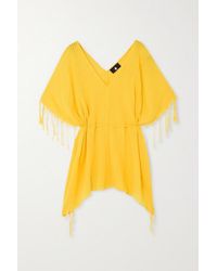 Su Paris Kya Kaftan Aus Gestreifter Baumwollgaze Mit Fransen - Gelb
