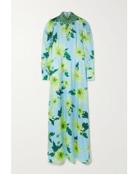 Andrew Gn Crystal-embellished Floral-print Silk-satin Turtleneck Gown - Blue