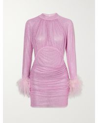 Self-Portrait - Feather-Trimmed Crystal-Embellished Stretch-Mesh Mini Dress - Lyst
