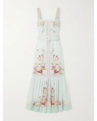 Self-Portrait - Belted Floral-Print Linen And Cotton-Blend Midi Dress - Lyst