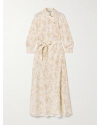 Loro Piana - Belted Floral-print Linen And Cotton-blend Midi Dress - Lyst