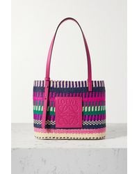 Loewe + Paula's Ibiza Square Basket Leather-trimmed Woven Raffia Tote - Pink