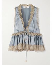 Chloé - Lace-Trimmed Silk-Satin Peplum Blouse - Lyst