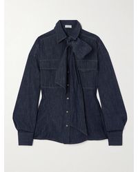 Brunello Cucinelli - Bead-Embellished Pussy-Bow Denim Shirt - Lyst
