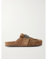 Brunello Cucinelli - Fussbett Slippers Aus Veloursleder Mit Zierperlen Und Fransen - Lyst
