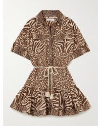 Zimmermann - Wanderlust Lantern Belted Printed Cotton Mini Dress - Lyst