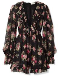 Zimmermann Honour Floating Playsuit Aus Seiden-georgette Mit Rüschen Und Blumenprint - Schwarz