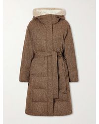 Brunello Cucinelli - Hooded Belted Padded Quilted Shearling-Trimmed Wool-Blend Down Jacket - Lyst