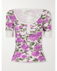Chloé - Floral-Print Ribbed Stretch-Cotton Jersey T-Shirt - Lyst