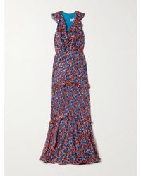 Saloni - Robe Du Soir En Georgette De Soie Métallisée À Imprimé Fleuri Et À Volants Rita - Lyst