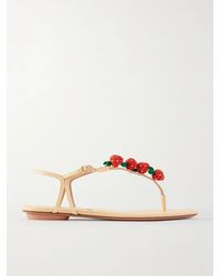 Aquazzura - Fragolina Sugar Embellished Raffia-Effect Flat Sandals - Lyst