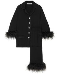 Sleeper Black Tie Feather-trimmed Crepe De Chine Pajama Set