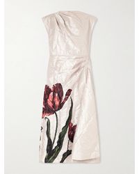 Erdem - Draped Floral-Print Crinkle-Crepe Midi Dress - Lyst