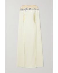 Marchesa - Cape-Effect Embellished Embroidered Tulle-Trimmed Stretch-Crepe Gown - Lyst