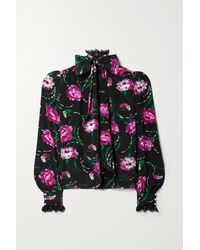 Rodarte Tie-neck Lace-trimmed Floral-print Silk Crepe De Chine Blouse - Black