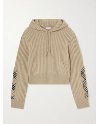 Burberry - Checked Bouclé-Trimmed Ribbed Wool And Cashmere-Blend Hoodie - Lyst